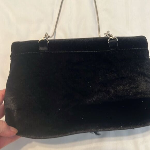 Elegant Black Feathered Rhinestone embellished velvet handbag EUC - Picture 12 of 13